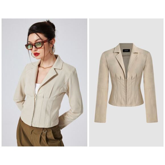 CIDER Beige Notched Collar Crop Cotton Blazer - Picture 1 of 11